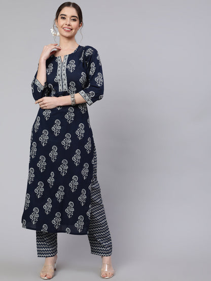 Women Navy Blue Ethnic Printed Straight Kurta With Trouser | LASVINI - Redefining Indian Fashion with Elegance