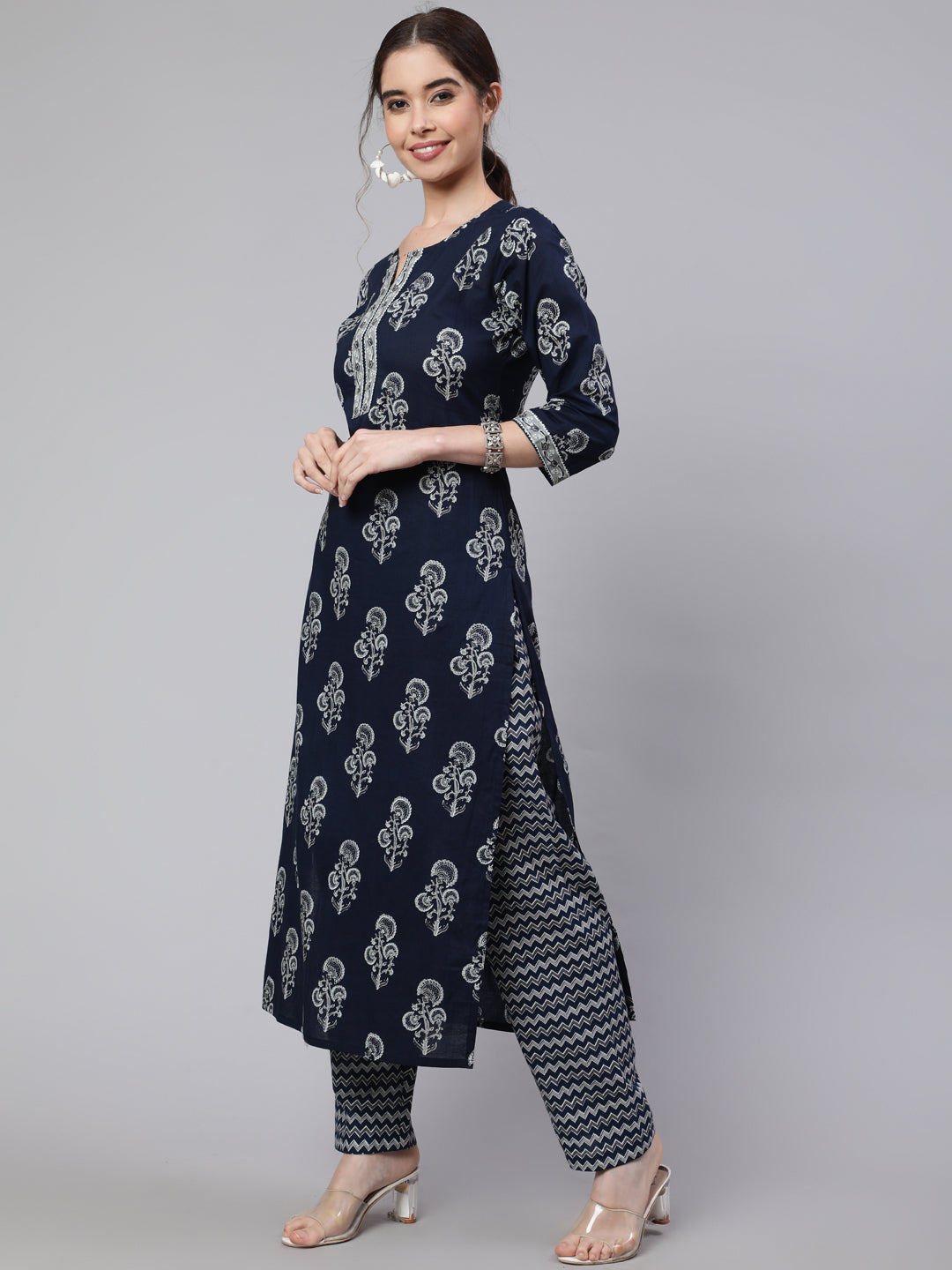 Women Navy Blue Ethnic Printed Straight Kurta With Trouser | LASVINI - Redefining Indian Fashion with Elegance