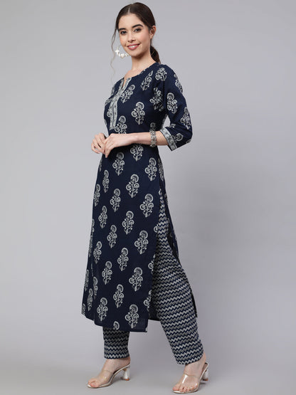 Women Navy Blue Ethnic Printed Straight Kurta With Trouser | LASVINI - Redefining Indian Fashion with Elegance
