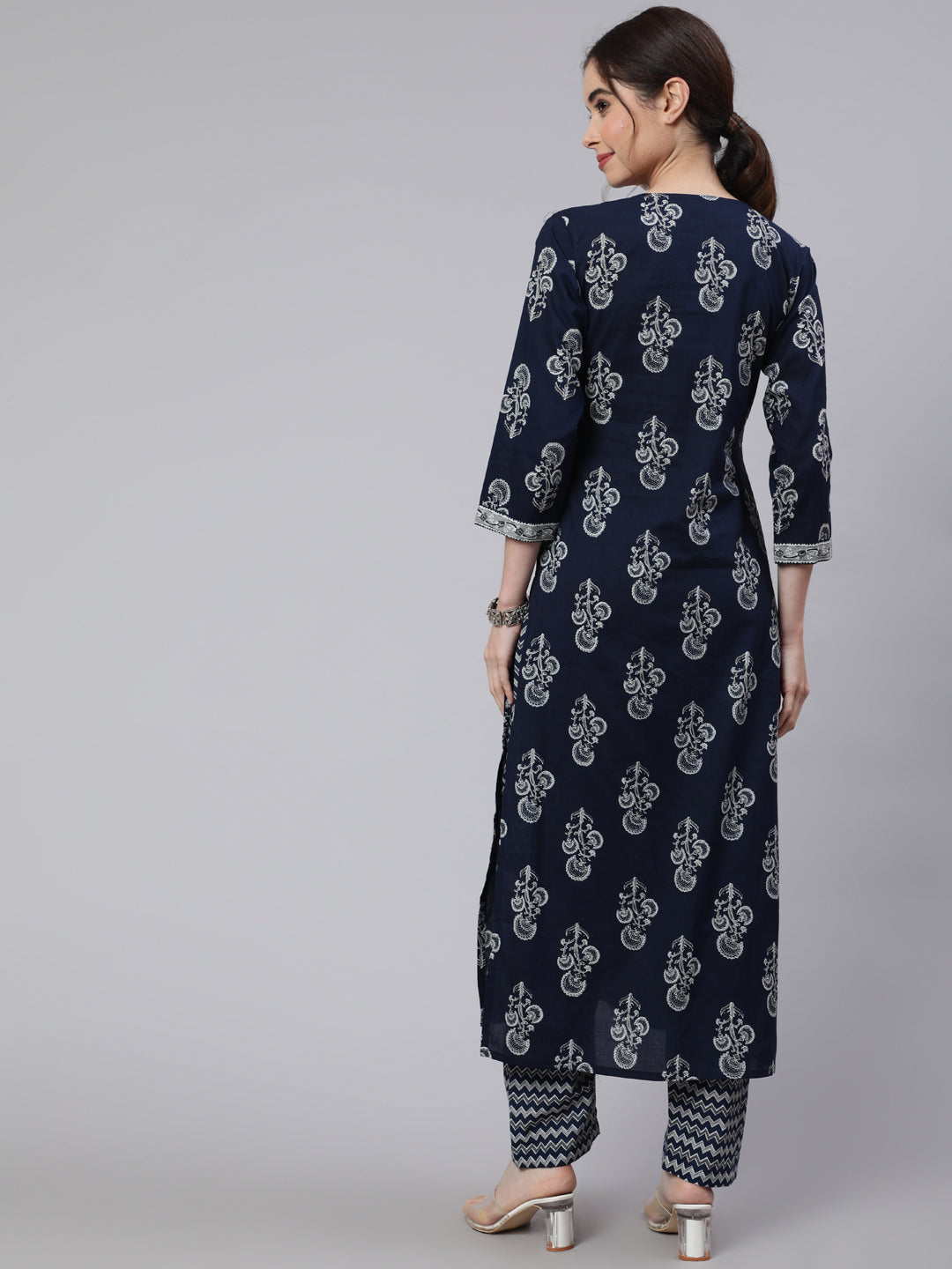 Women Navy Blue Ethnic Printed Straight Kurta With Trouser | LASVINI - Redefining Indian Fashion with Elegance