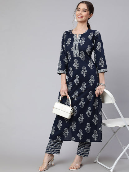 Women Navy Blue Ethnic Printed Straight Kurta With Trouser | LASVINI - Redefining Indian Fashion with Elegance