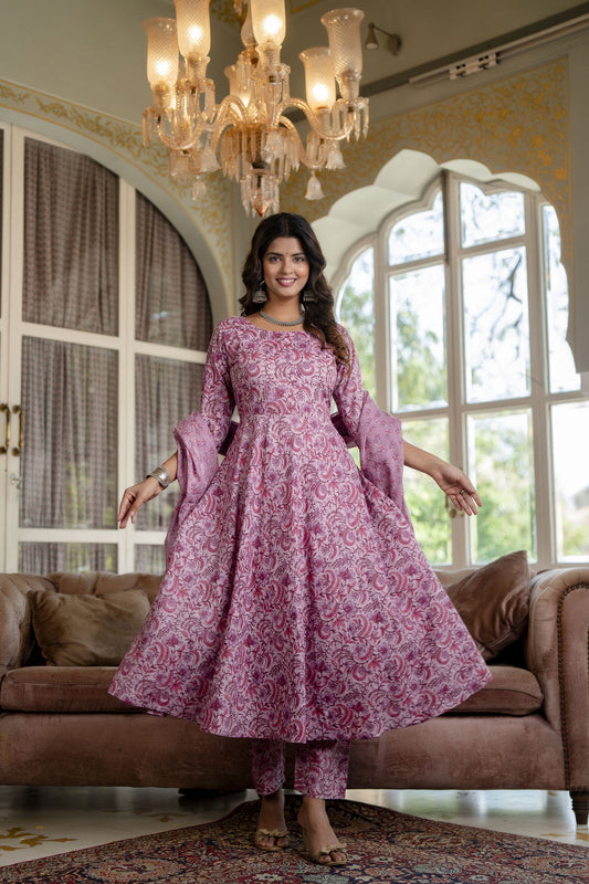 Women Lavender Floral Printed Kurta With Trouser And Dupatta | LASVINI - Redefining Indian Fashion with Elegance