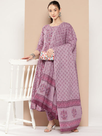 Women Lavender Floral Printed Kurta With Trouser And Dupatta | LASVINI - Redefining Indian Fashion with Elegance
