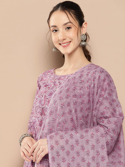 Women Lavender Floral Printed Kurta With Trouser And Dupatta | LASVINI - Redefining Indian Fashion with Elegance