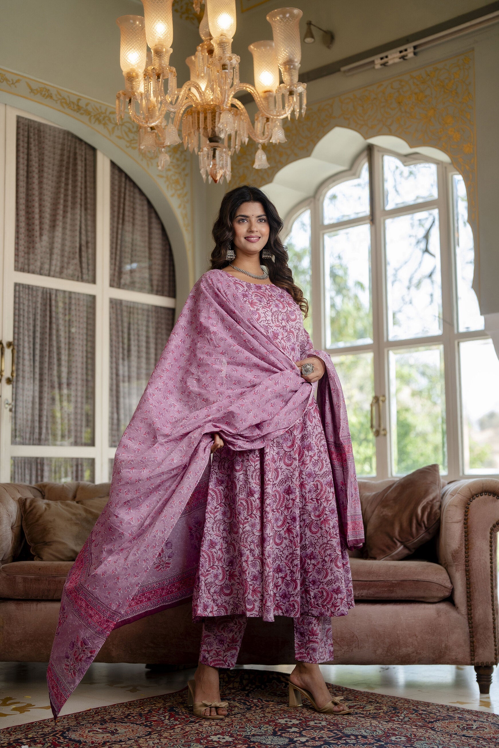Women Lavender Floral Printed Kurta With Trouser And Dupatta | LASVINI - Redefining Indian Fashion with Elegance