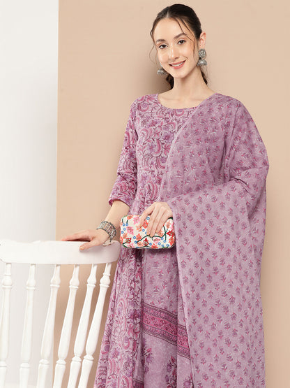 Women Lavender Floral Printed Kurta With Trouser And Dupatta | LASVINI - Redefining Indian Fashion with Elegance