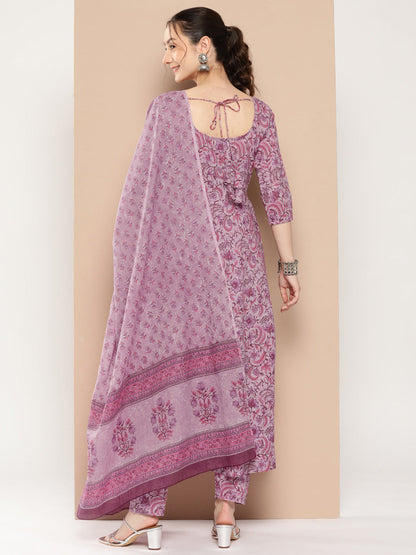 Women Lavender Floral Printed Kurta With Trouser And Dupatta | LASVINI - Redefining Indian Fashion with Elegance