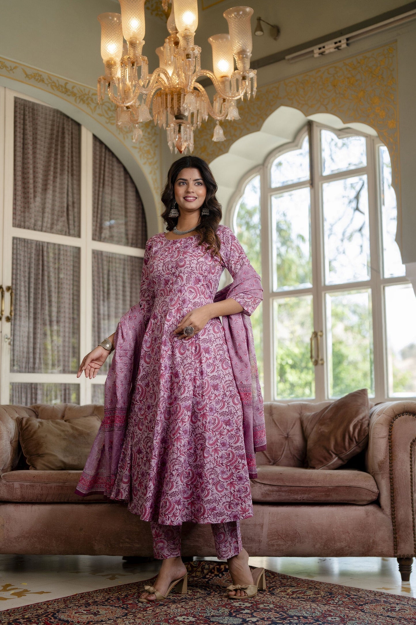 Women Lavender Floral Printed Kurta With Trouser And Dupatta | LASVINI - Redefining Indian Fashion with Elegance