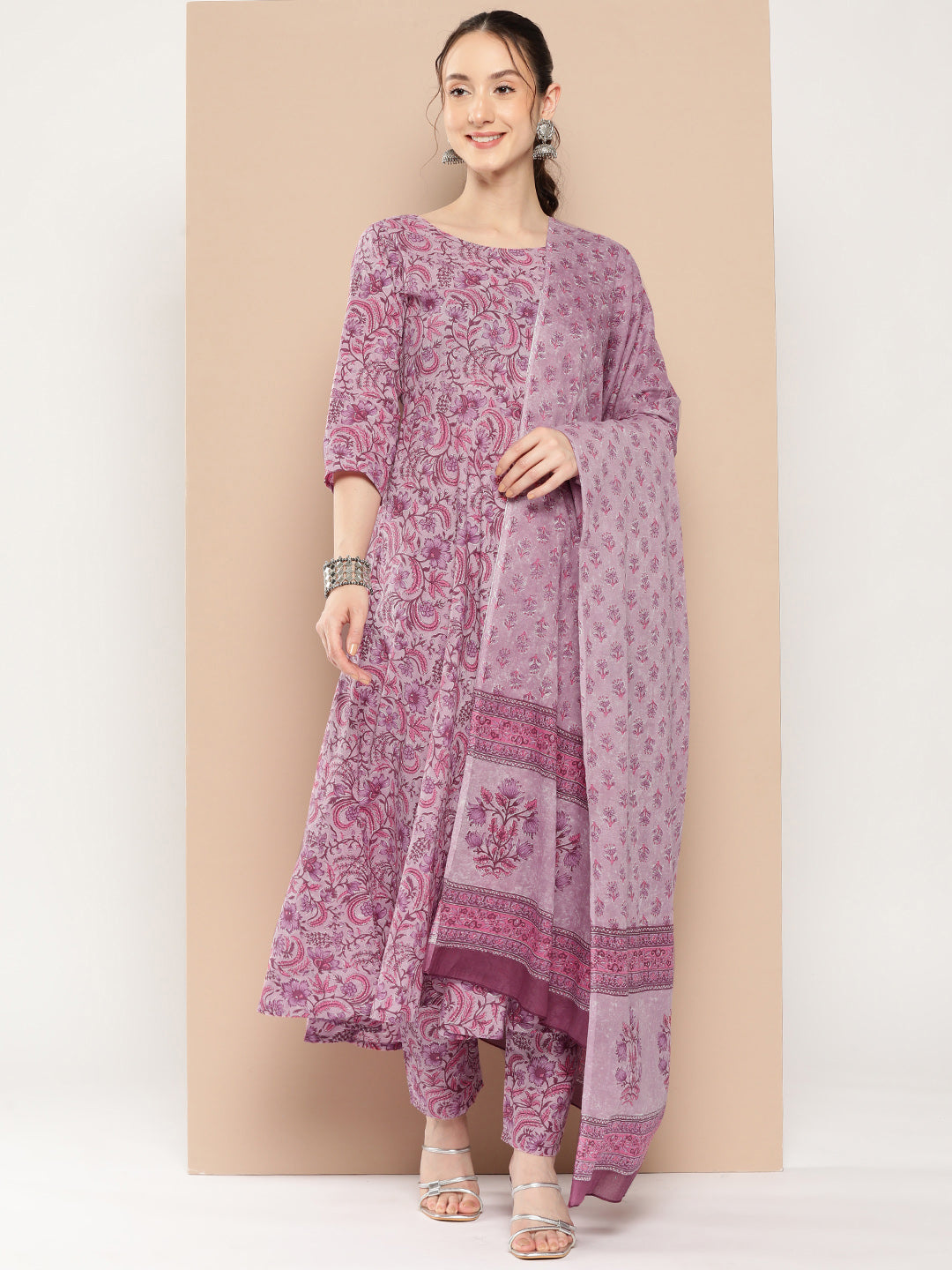 Women Lavender Floral Printed Kurta With Trouser And Dupatta | LASVINI - Redefining Indian Fashion with Elegance