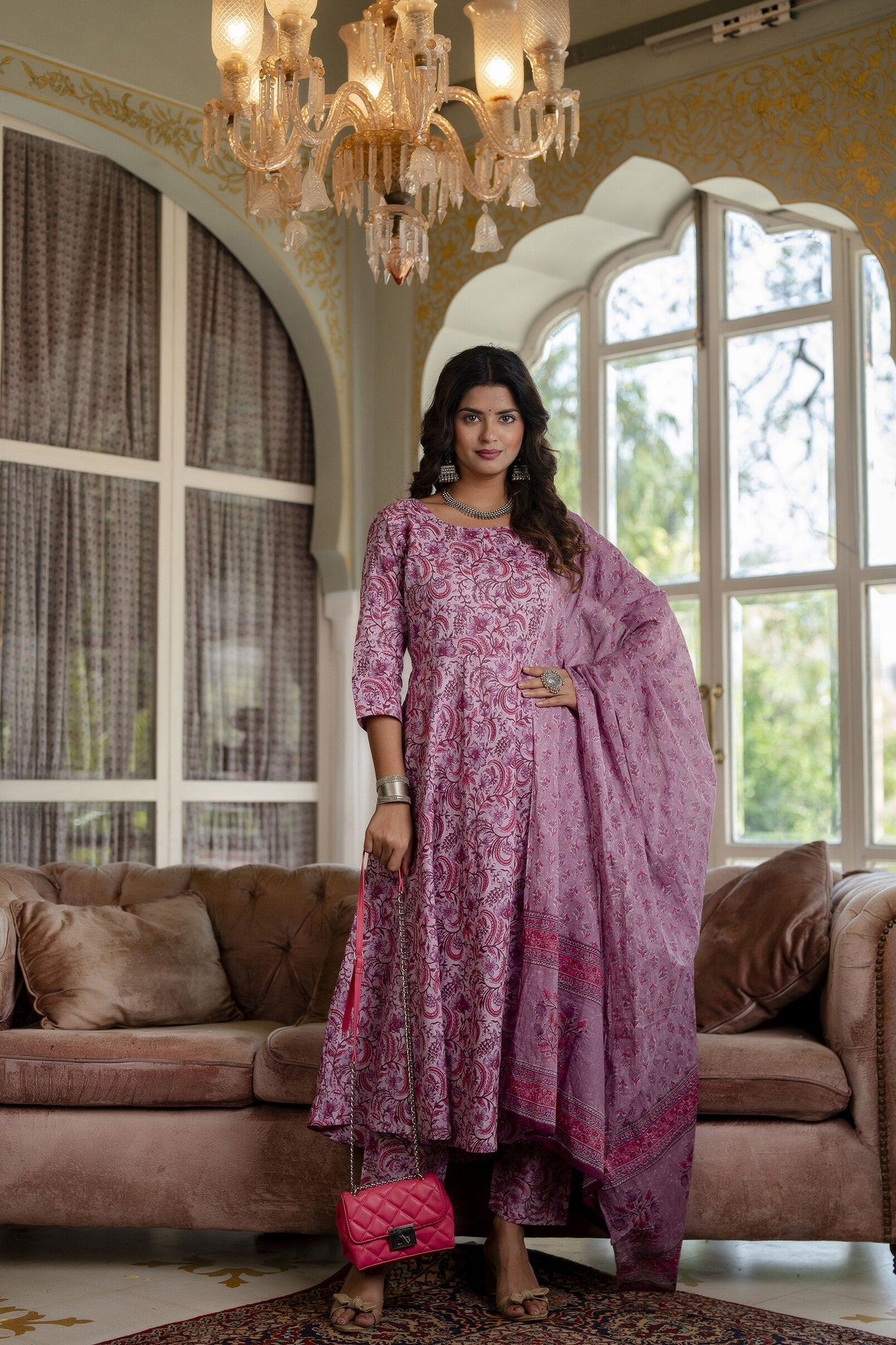 Women Lavender Floral Printed Kurta With Trouser And Dupatta | LASVINI - Redefining Indian Fashion with Elegance