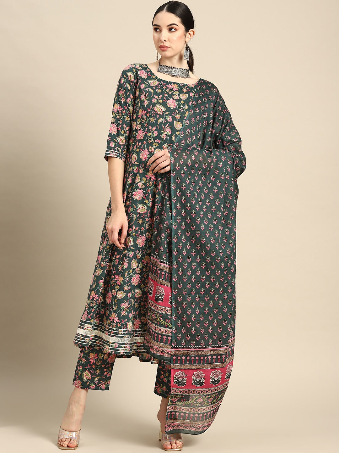 Women Green & Pink Floral Anarkali Kurta With Trouser And Dupatta | LASVINI - Redefining Indian Fashion with Elegance