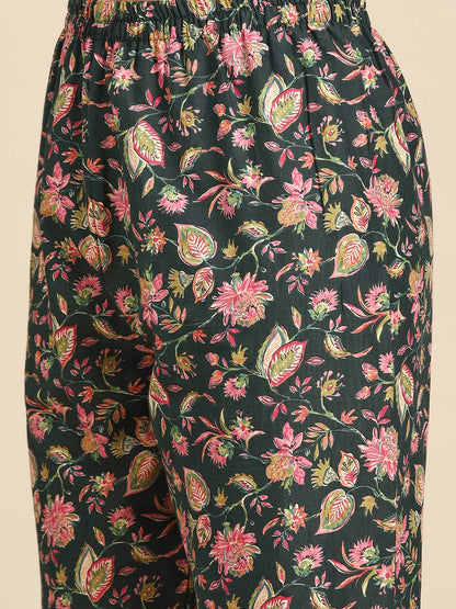 Women Green & Pink Floral Anarkali Kurta With Trouser And Dupatta | LASVINI - Redefining Indian Fashion with Elegance