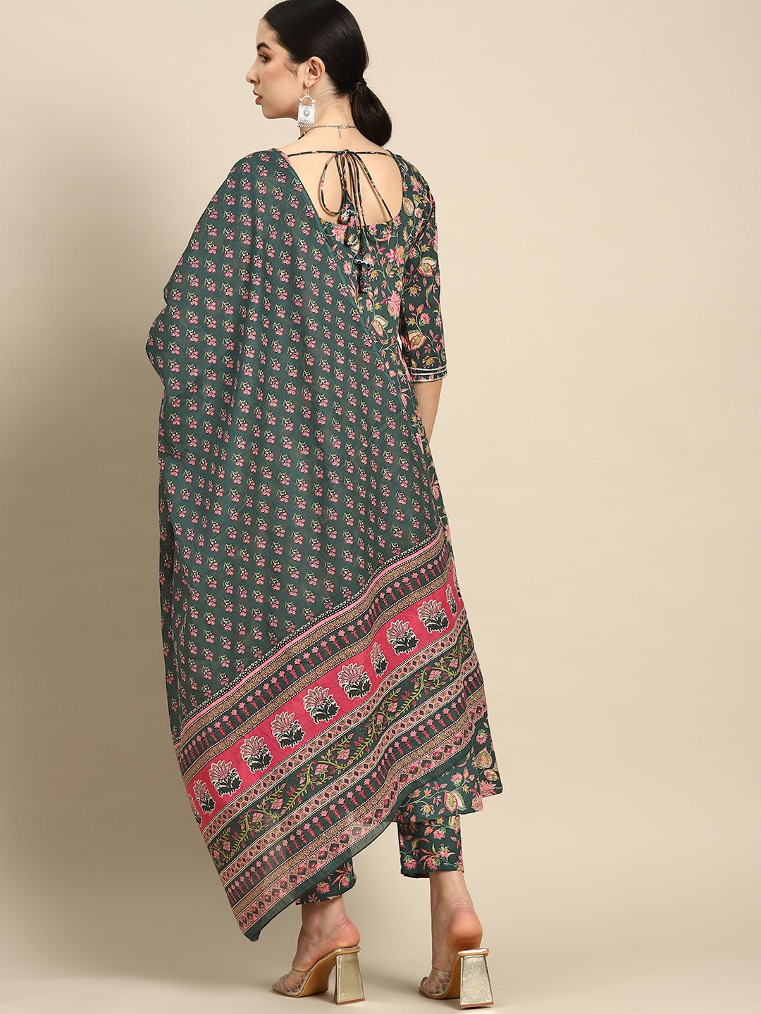 Women Green & Pink Floral Anarkali Kurta With Trouser And Dupatta | LASVINI - Redefining Indian Fashion with Elegance