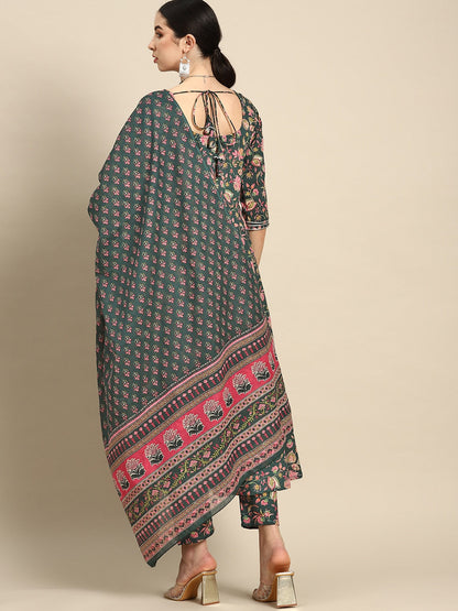 Women Green & Pink Floral Anarkali Kurta With Trouser And Dupatta | LASVINI - Redefining Indian Fashion with Elegance