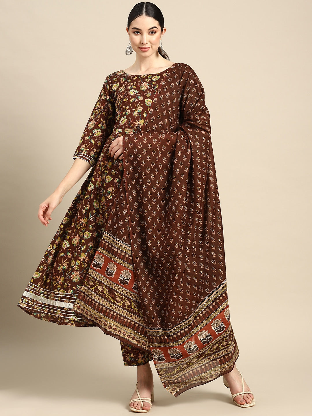Women Brown Floral Printed Anarkali Kurta With Trouser And Dupatta | LASVINI - Redefining Indian Fashion with Elegance