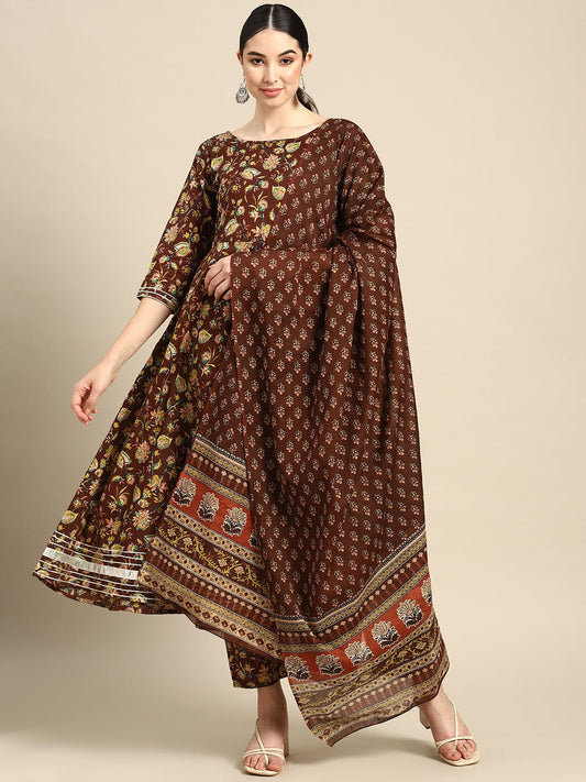Women Brown Floral Printed Anarkali Kurta With Trouser And Dupatta | LASVINI - Redefining Indian Fashion with Elegance