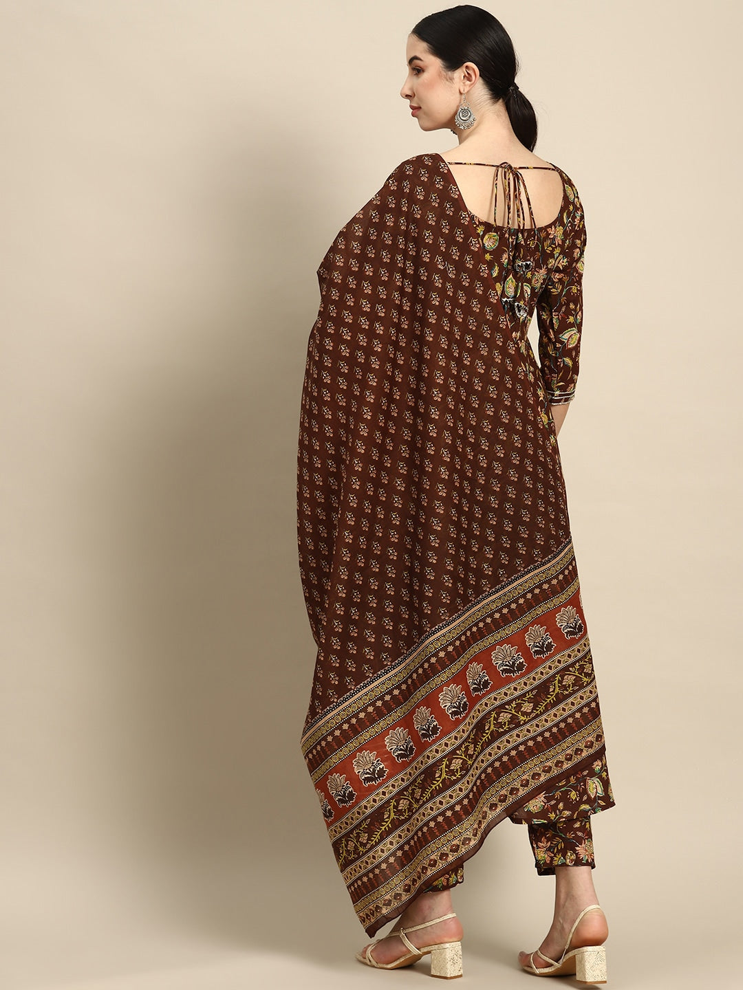 Women Brown Floral Printed Anarkali Kurta With Trouser And Dupatta | LASVINI - Redefining Indian Fashion with Elegance