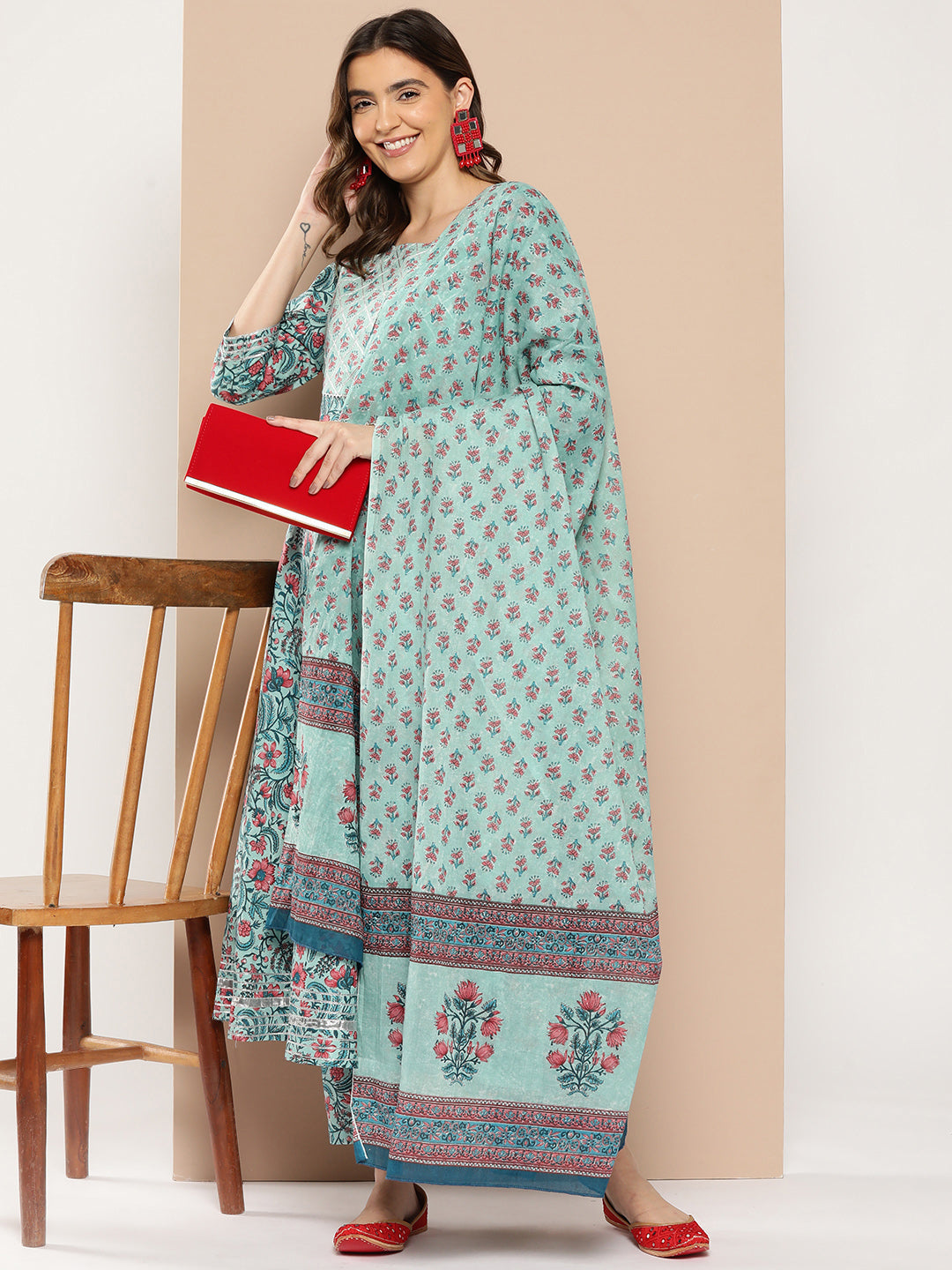 Women Sea Green Printed Flared Kurta And Trouser With Dupatta | LASVINI - Redefining Indian Fashion with Elegance