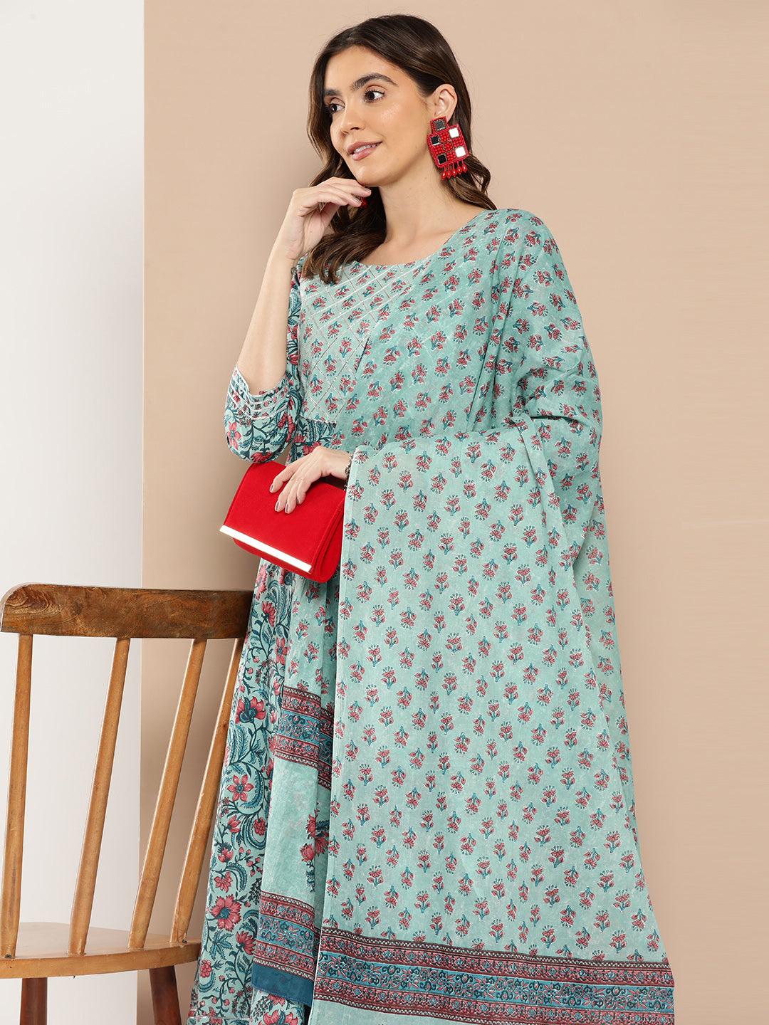Women Sea Green Printed Flared Kurta And Trouser With Dupatta | LASVINI - Redefining Indian Fashion with Elegance