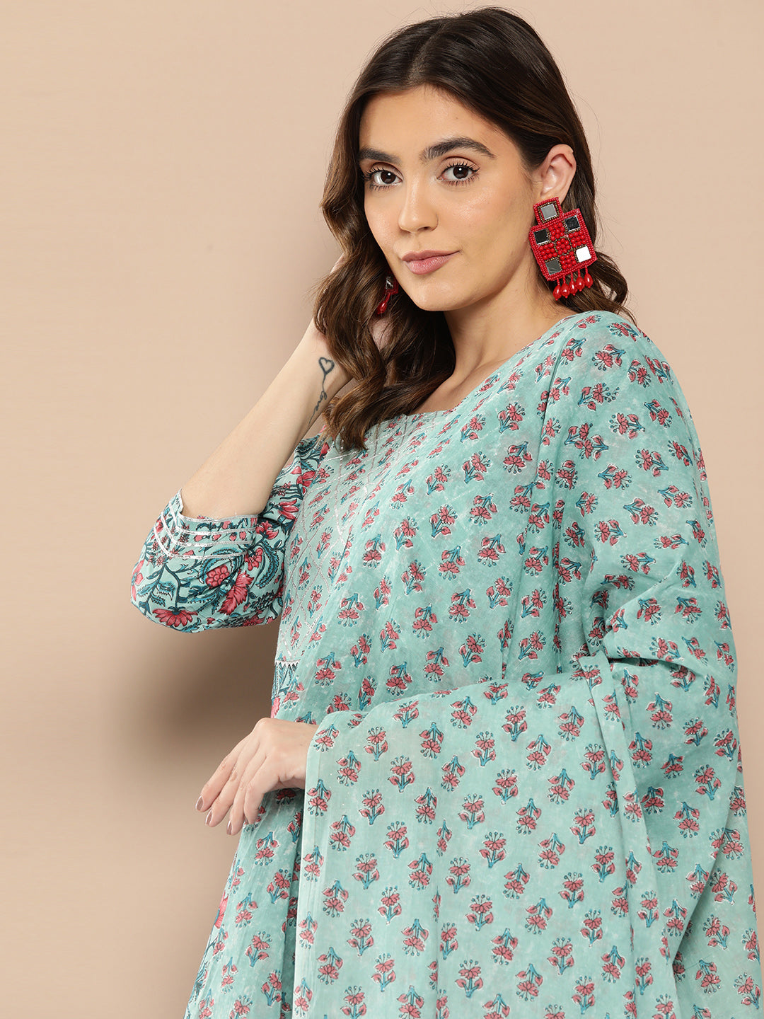 Women Sea Green Printed Flared Kurta And Trouser With Dupatta | LASVINI - Redefining Indian Fashion with Elegance