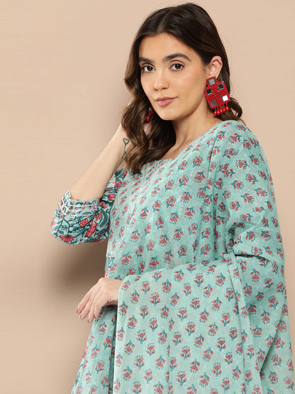 Women Sea Green Printed Flared Kurta And Trouser With Dupatta | LASVINI - Redefining Indian Fashion with Elegance