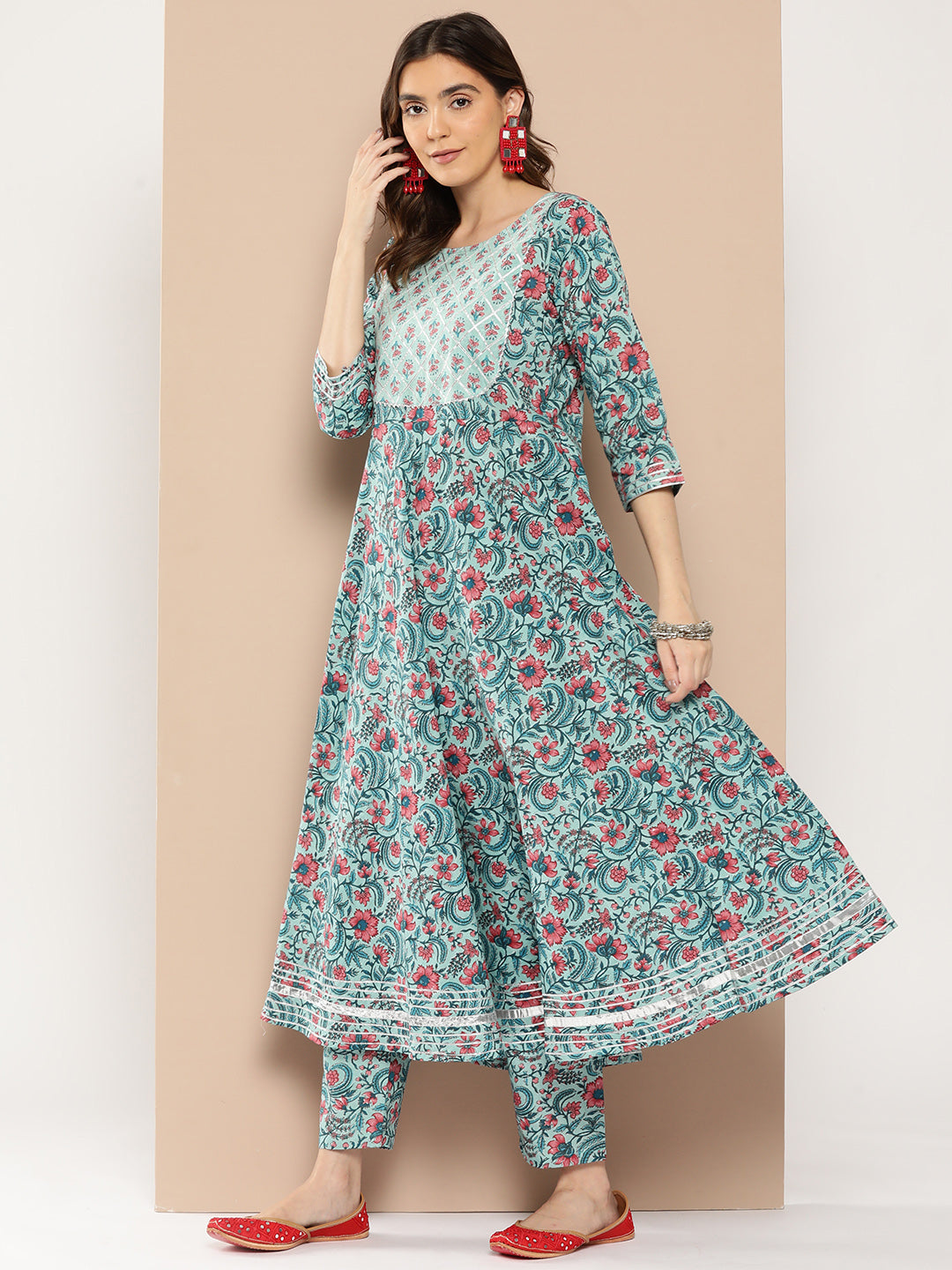 Women Sea Green Printed Flared Kurta And Trouser With Dupatta | LASVINI - Redefining Indian Fashion with Elegance