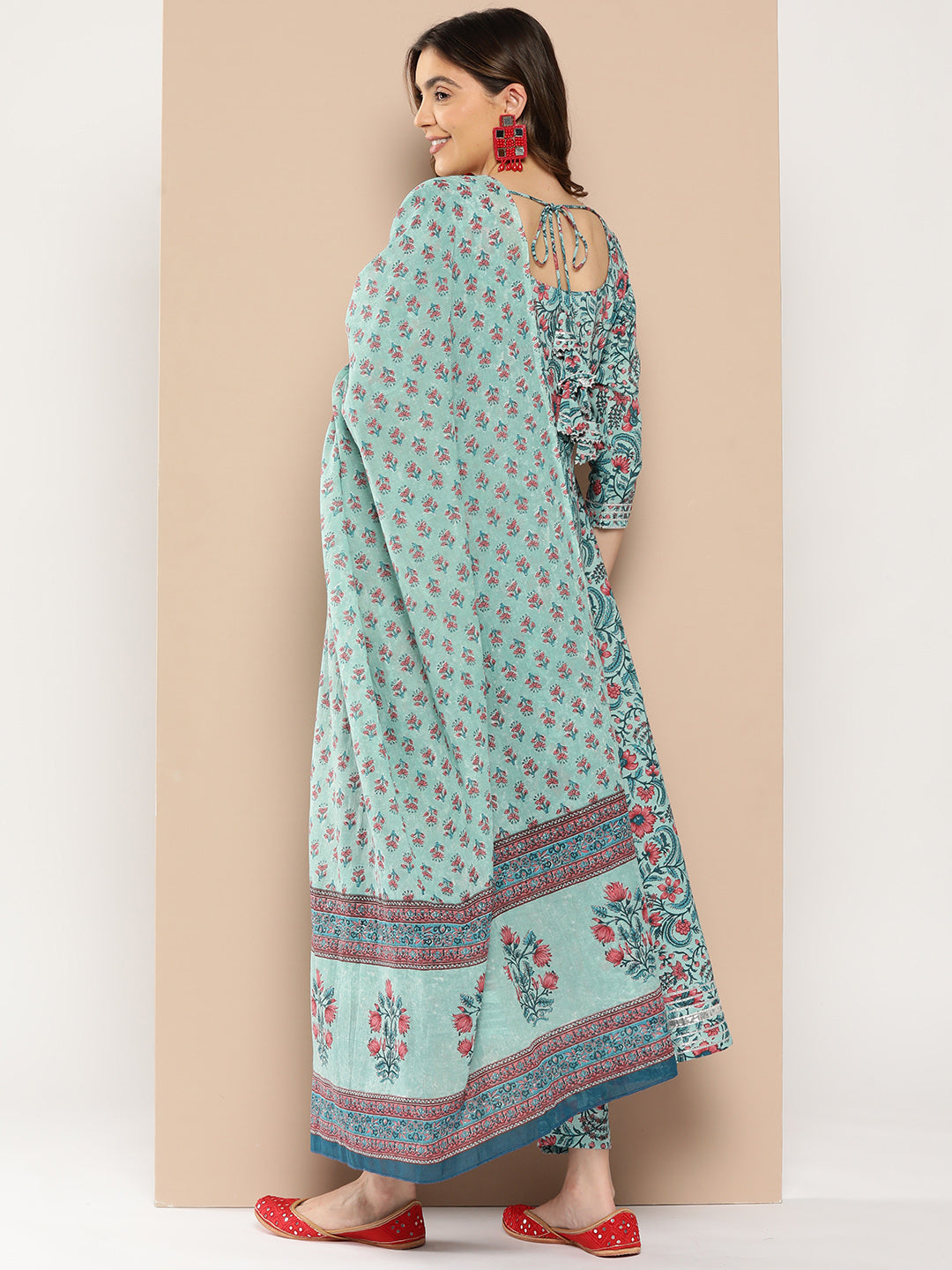 Women Sea Green Printed Flared Kurta And Trouser With Dupatta | LASVINI - Redefining Indian Fashion with Elegance