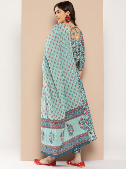 Women Sea Green Printed Flared Kurta And Trouser With Dupatta | LASVINI - Redefining Indian Fashion with Elegance