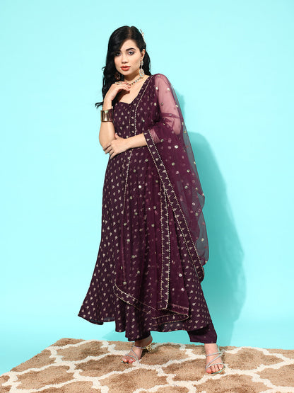Women Burgundy Ethnic Printed Sleeveless Kurta With Trouser And Dupatta | LASVINI - Redefining Indian Fashion with Elegance