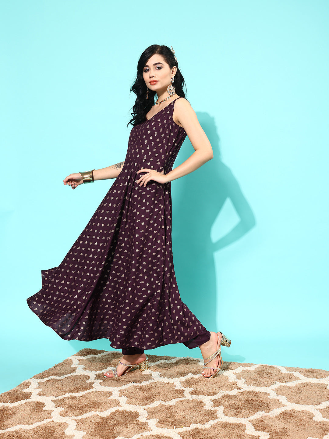 Women Burgundy Ethnic Printed Sleeveless Kurta With Trouser And Dupatta | LASVINI - Redefining Indian Fashion with Elegance