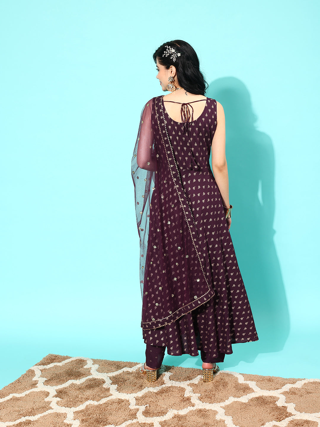 Women Burgundy Ethnic Printed Sleeveless Kurta With Trouser And Dupatta | LASVINI - Redefining Indian Fashion with Elegance