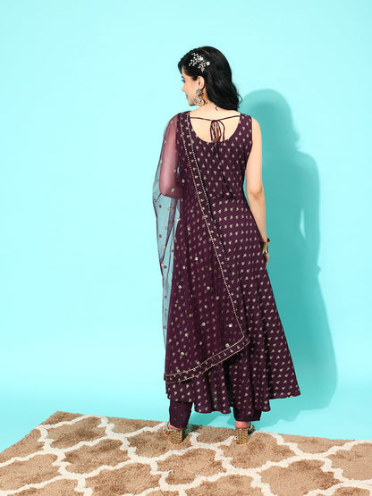 Women Burgundy Ethnic Printed Sleeveless Kurta With Trouser And Dupatta | LASVINI - Redefining Indian Fashion with Elegance