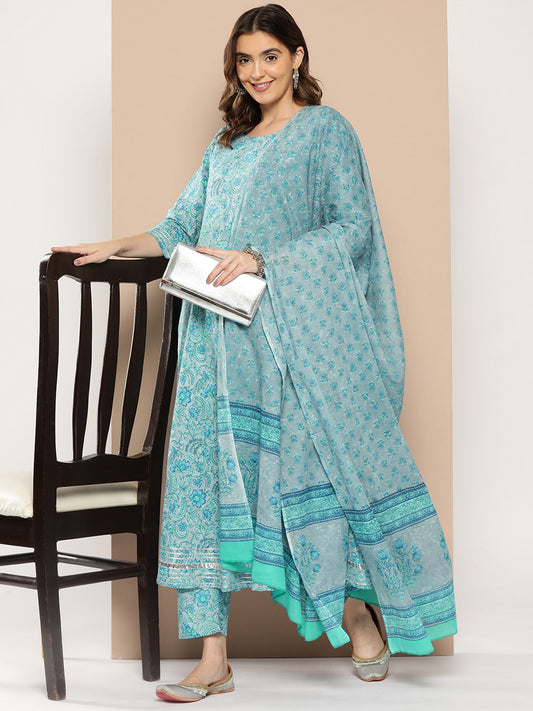 Women Blue Floral Printed Flared Kurta And Trouser With Dupatta | LASVINI - Redefining Indian Fashion with Elegance