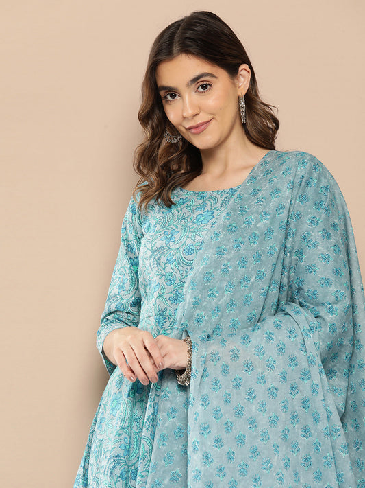 Women Blue Floral Printed Flared Kurta And Trouser With Dupatta | LASVINI - Redefining Indian Fashion with Elegance