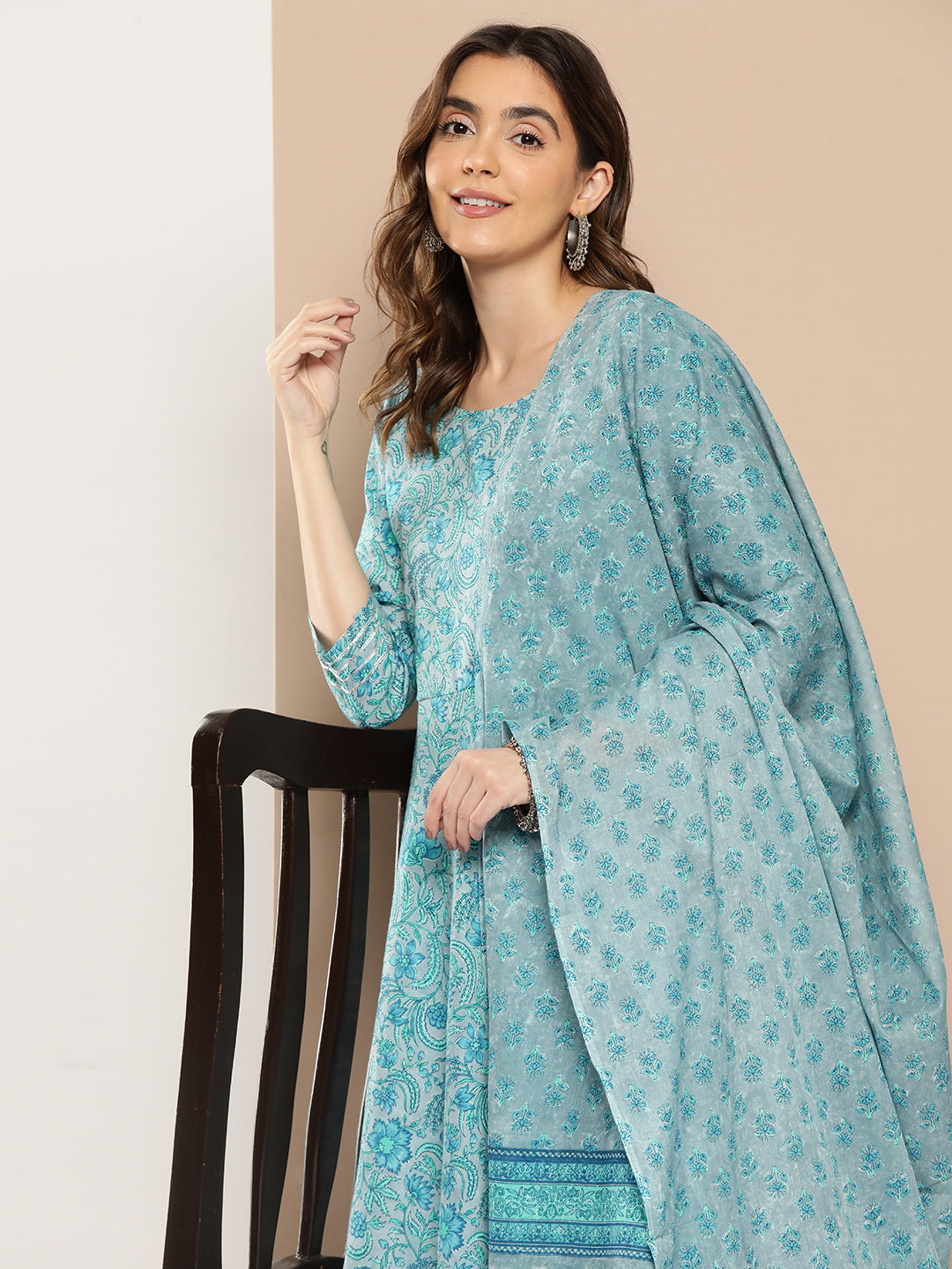Women Blue Floral Printed Flared Kurta And Trouser With Dupatta | LASVINI - Redefining Indian Fashion with Elegance