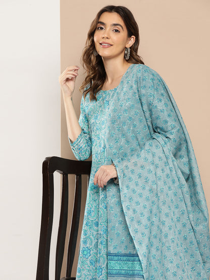 Women Blue Floral Printed Flared Kurta And Trouser With Dupatta | LASVINI - Redefining Indian Fashion with Elegance