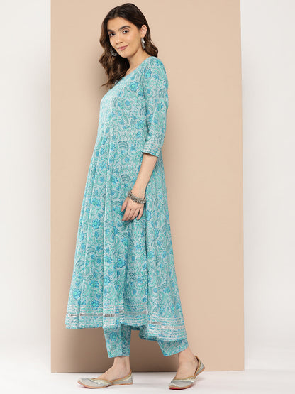 Women Blue Floral Printed Flared Kurta And Trouser With Dupatta | LASVINI - Redefining Indian Fashion with Elegance