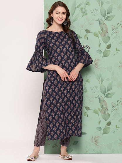 Women Navy Blue Ethnic Printed Straight Kurta With Trouser | LASVINI - Redefining Indian Fashion with Elegance