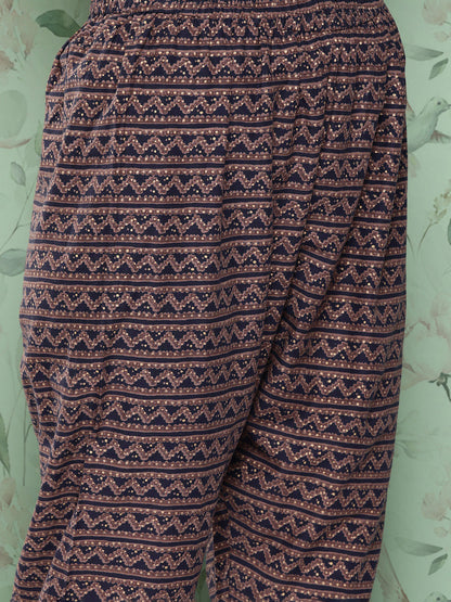 Women Navy Blue Ethnic Printed Straight Kurta With Trouser | LASVINI - Redefining Indian Fashion with Elegance