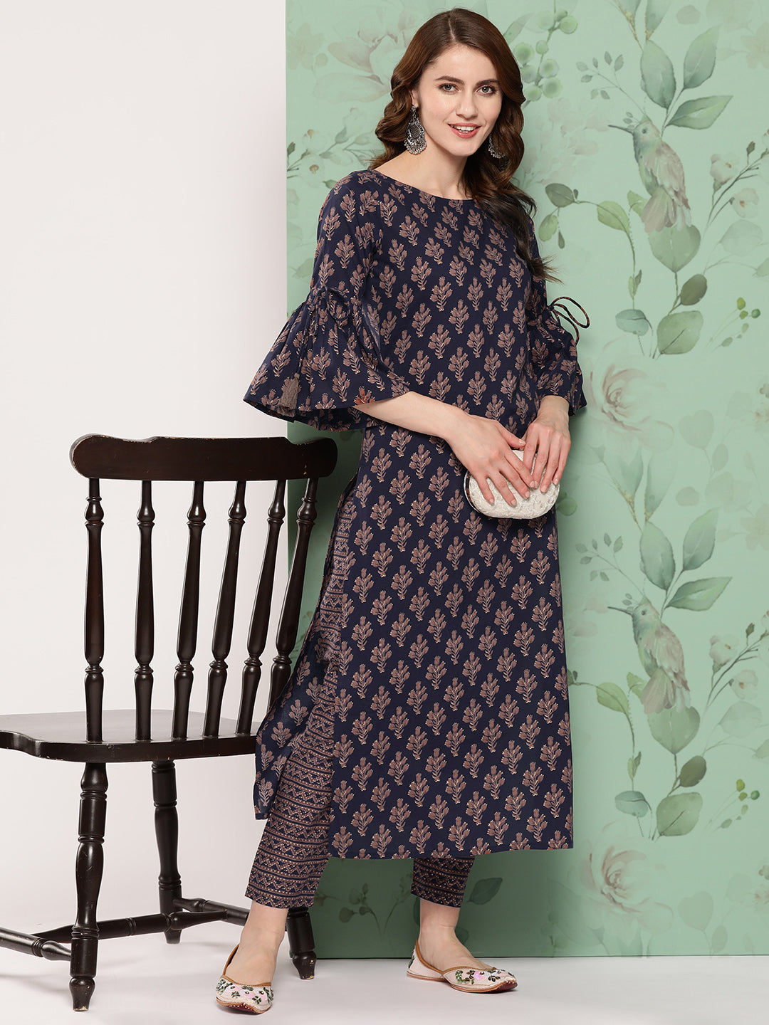 Women Navy Blue Ethnic Printed Straight Kurta With Trouser | LASVINI - Redefining Indian Fashion with Elegance