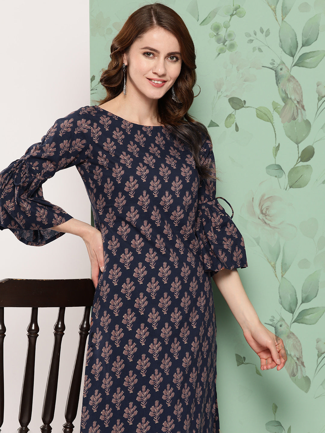 Women Navy Blue Ethnic Printed Straight Kurta With Trouser | LASVINI - Redefining Indian Fashion with Elegance
