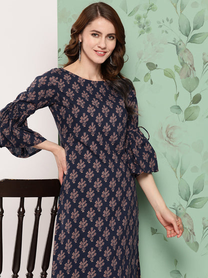 Women Navy Blue Ethnic Printed Straight Kurta With Trouser | LASVINI - Redefining Indian Fashion with Elegance