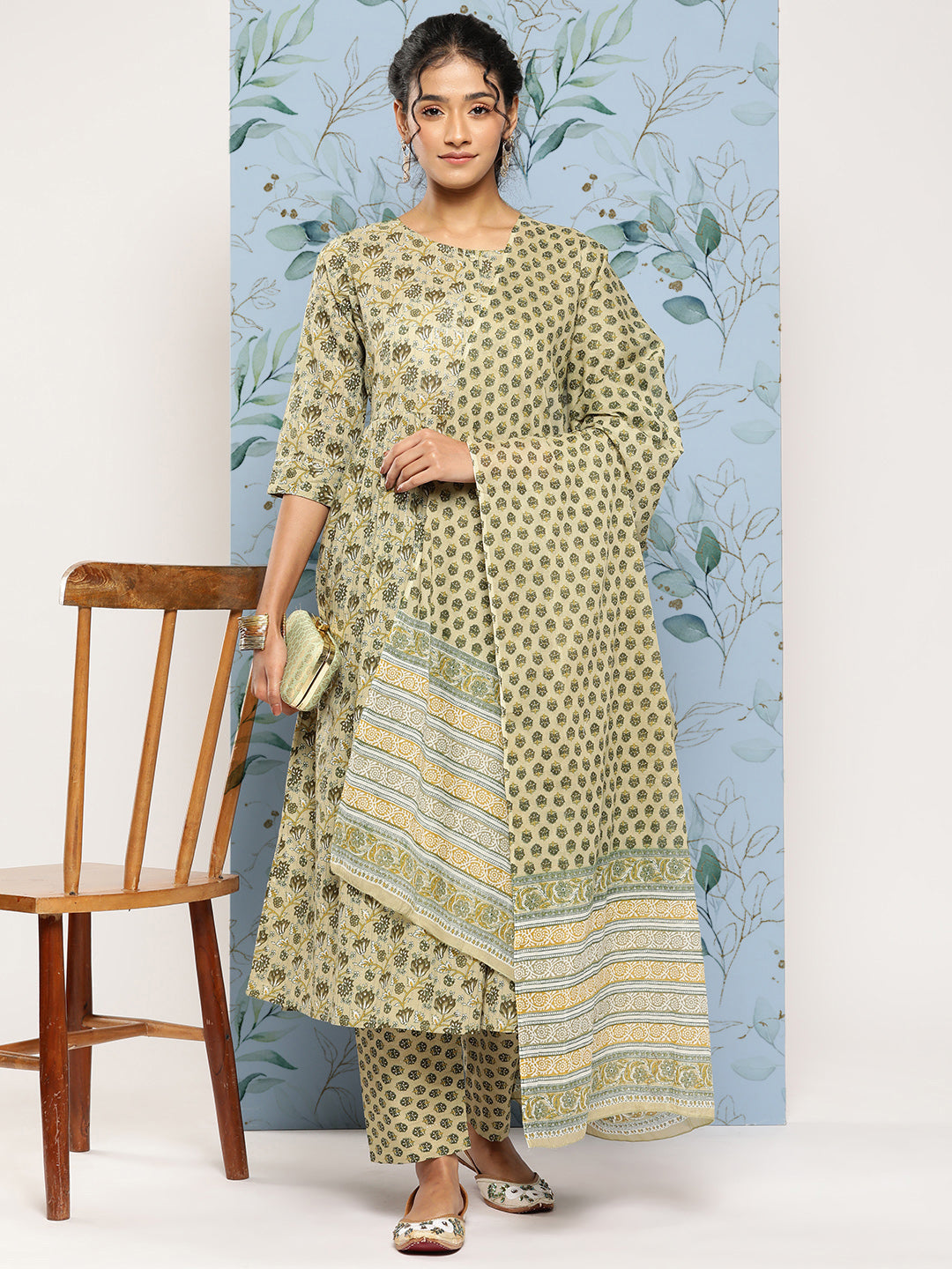 Women Green Printed Gathered Kurta And Trouser With Dupatta | LASVINI - Redefining Indian Fashion with Elegance