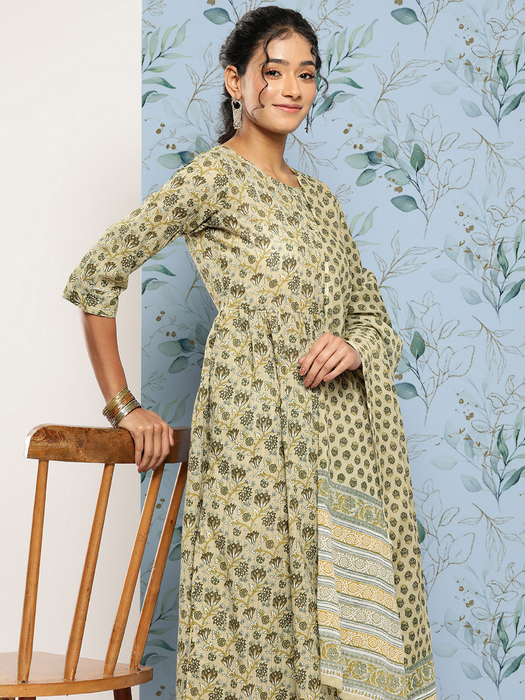 Women Green Printed Gathered Kurta And Trouser With Dupatta | LASVINI - Redefining Indian Fashion with Elegance