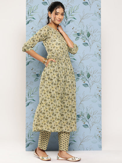 Women Green Printed Gathered Kurta And Trouser With Dupatta | LASVINI - Redefining Indian Fashion with Elegance