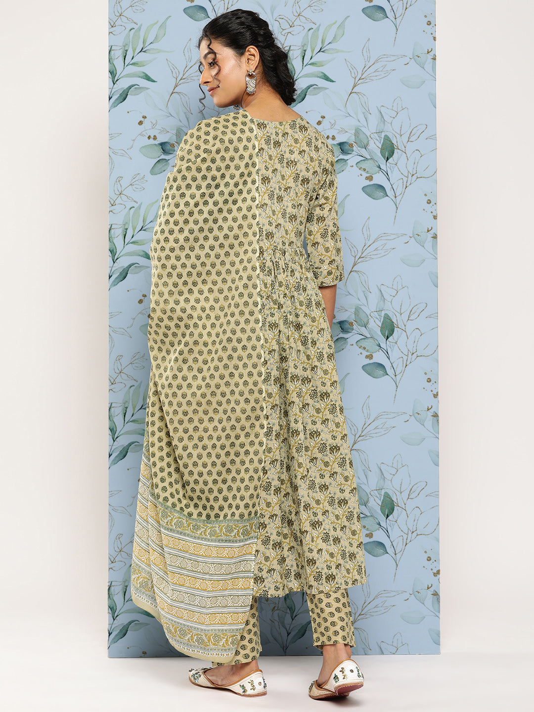 Women Green Printed Gathered Kurta And Trouser With Dupatta | LASVINI - Redefining Indian Fashion with Elegance