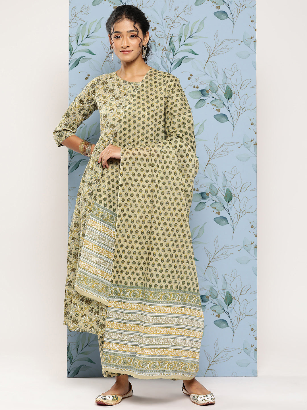 Women Green Printed Gathered Kurta And Trouser With Dupatta | LASVINI - Redefining Indian Fashion with Elegance