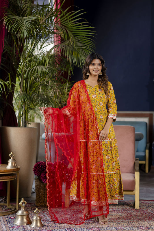Women Yellow Floral Printed Flared Dress With Scalloped Dupatta | LASVINI - Redefining Indian Fashion with Elegance