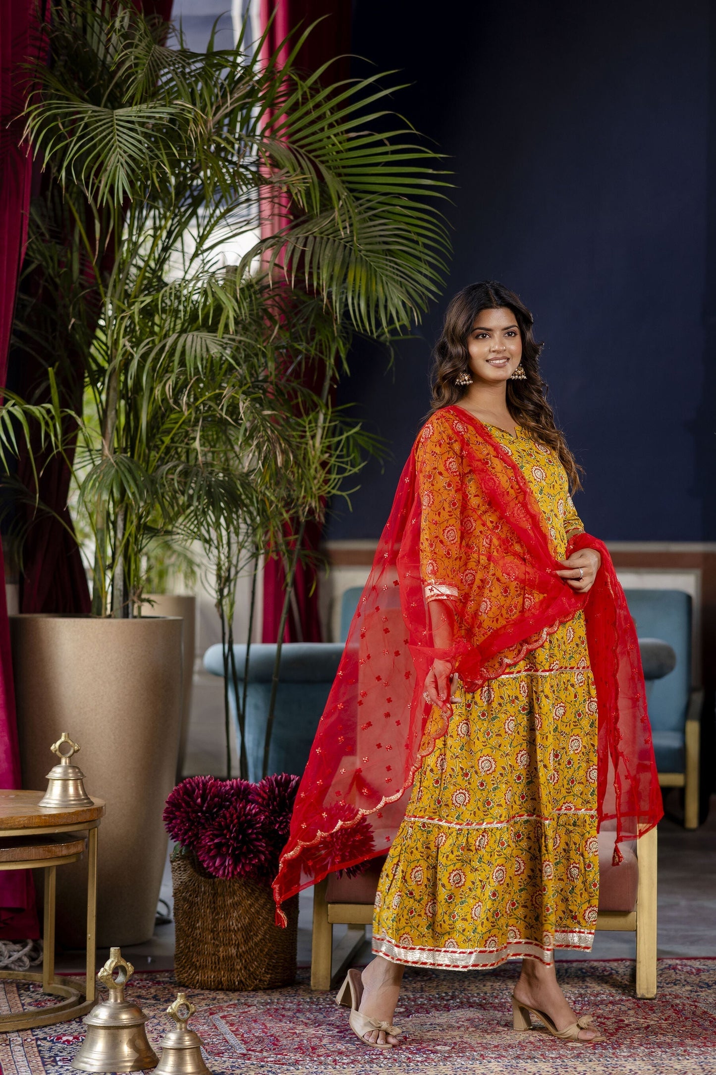 Women Yellow Floral Printed Flared Dress With Scalloped Dupatta | LASVINI - Redefining Indian Fashion with Elegance