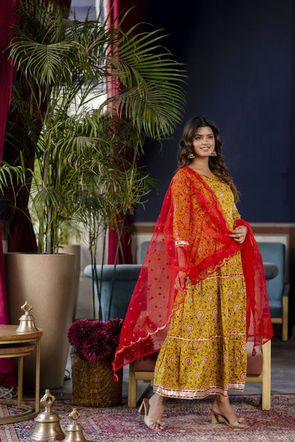 Women Yellow Floral Printed Flared Dress With Scalloped Dupatta | LASVINI - Redefining Indian Fashion with Elegance